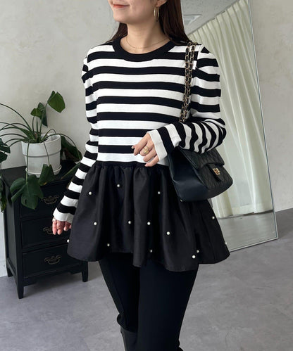 泡泡袖下襬珍珠拼接針織衫