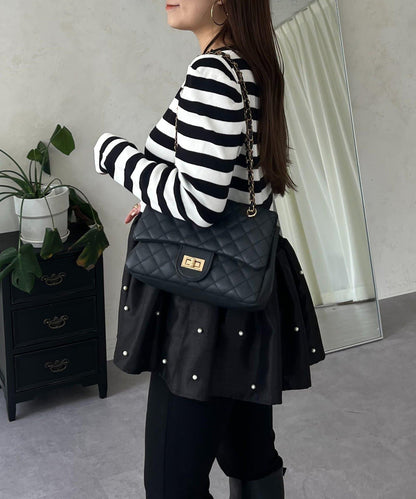 泡泡袖下襬珍珠拼接針織衫