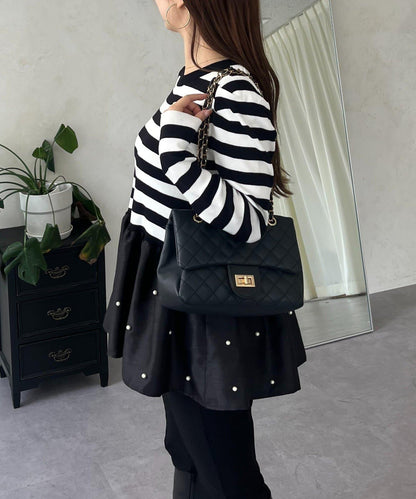 泡泡袖下襬珍珠拼接針織衫