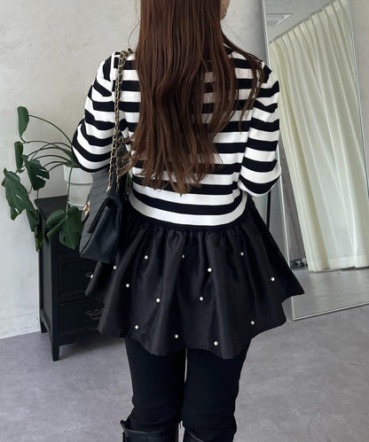 泡泡袖下襬珍珠拼接針織衫