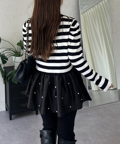 泡泡袖下襬珍珠拼接針織衫