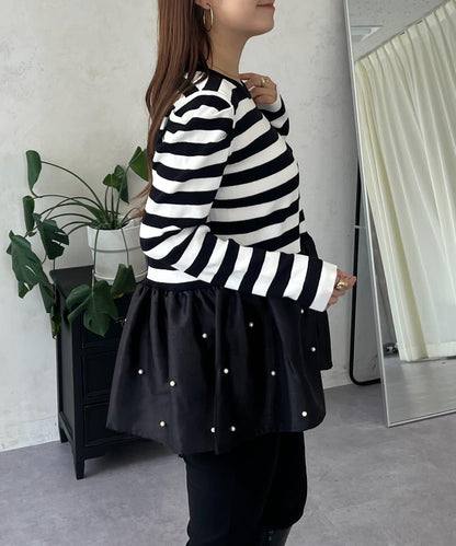 泡泡袖下襬珍珠拼接針織衫