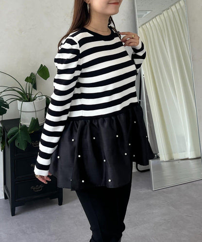 泡泡袖下襬珍珠拼接針織衫