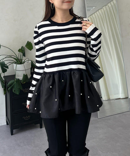 泡泡袖下襬珍珠拼接針織衫