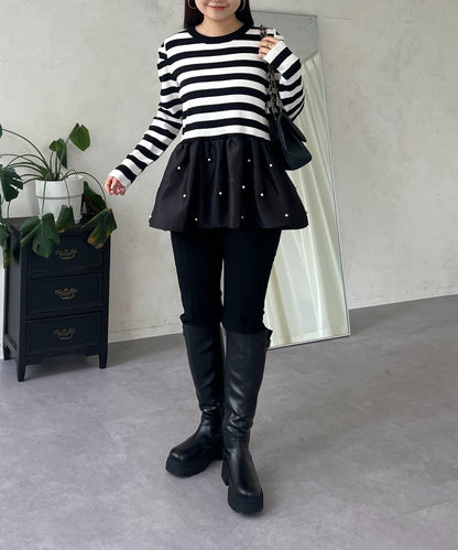 泡泡袖下襬珍珠拼接針織衫