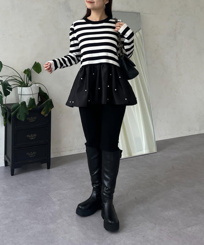 泡泡袖下襬珍珠拼接針織衫