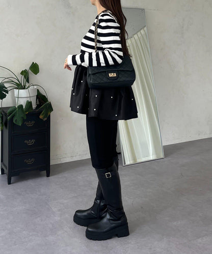 泡泡袖下襬珍珠拼接針織衫