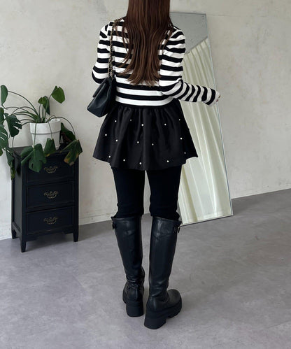 泡泡袖下襬珍珠拼接針織衫