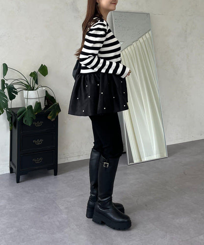 泡泡袖下襬珍珠拼接針織衫