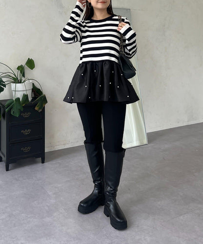 泡泡袖下襬珍珠拼接針織衫