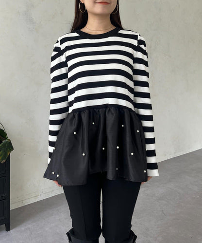 泡泡袖下襬珍珠拼接針織衫