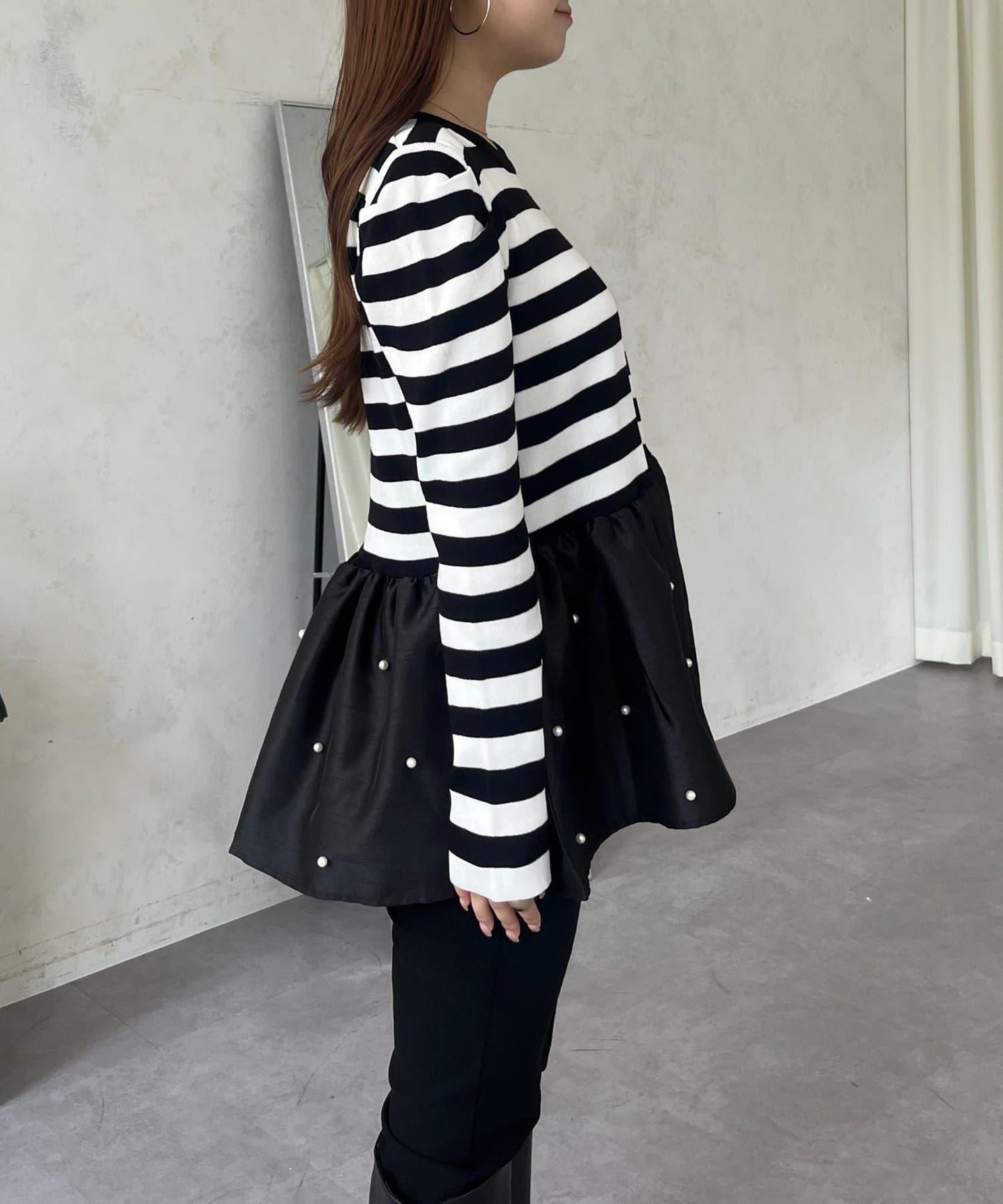 泡泡袖下襬珍珠拼接針織衫