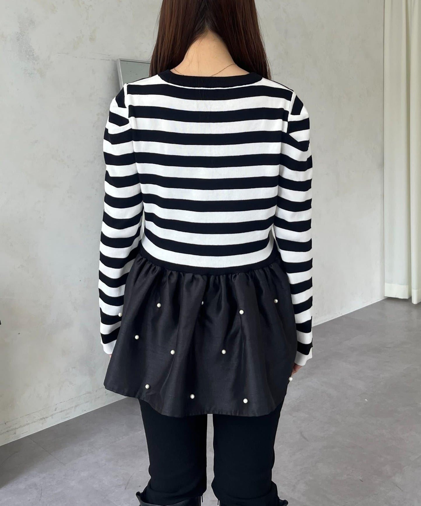 泡泡袖下襬珍珠拼接針織衫