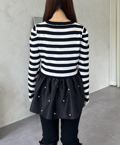 泡泡袖下襬珍珠拼接針織衫