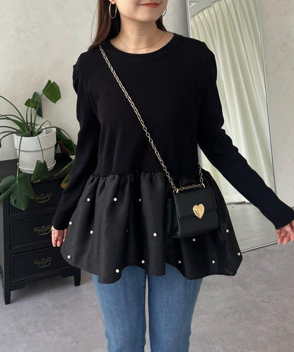 泡泡袖下襬珍珠拼接針織衫