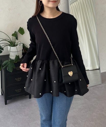 泡泡袖下襬珍珠拼接針織衫