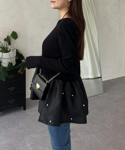 泡泡袖下襬珍珠拼接針織衫