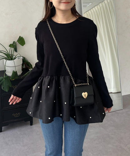 泡泡袖下襬珍珠拼接針織衫