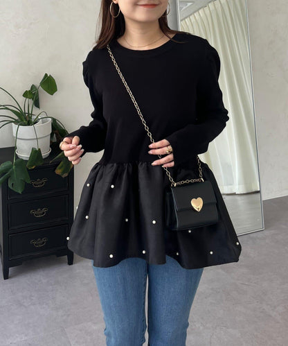 泡泡袖下襬珍珠拼接針織衫