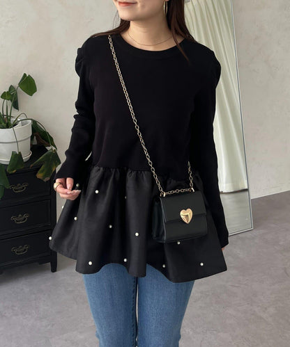 泡泡袖下襬珍珠拼接針織衫