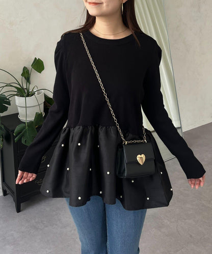 泡泡袖下襬珍珠拼接針織衫