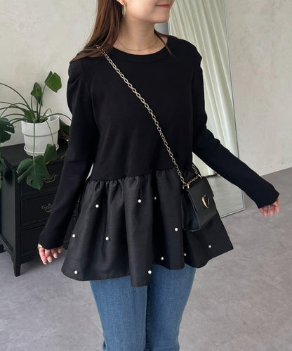 泡泡袖下襬珍珠拼接針織衫