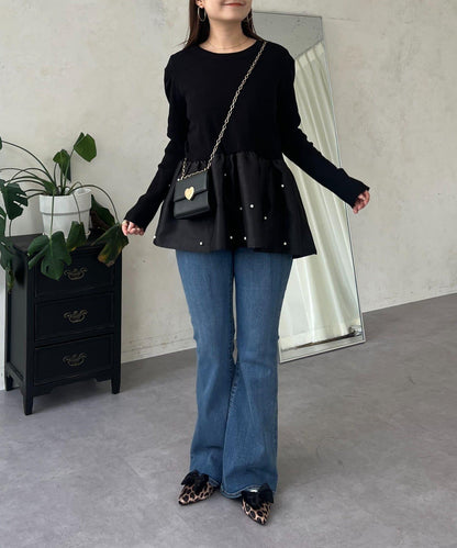 泡泡袖下襬珍珠拼接針織衫