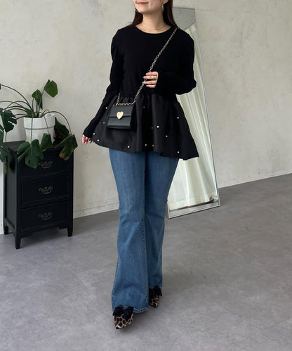 泡泡袖下襬珍珠拼接針織衫