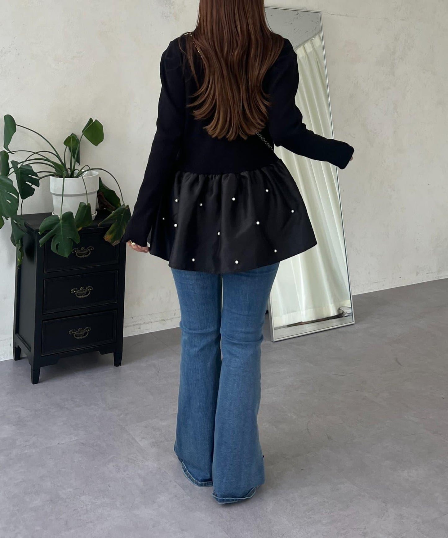 泡泡袖下襬珍珠拼接針織衫