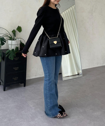 泡泡袖下襬珍珠拼接針織衫