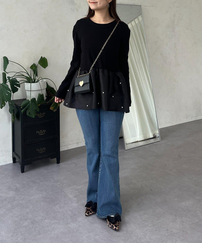 泡泡袖下襬珍珠拼接針織衫