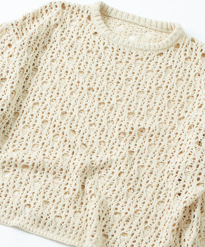 【WHO'S WHO gallery】鏤空編織一字肩寬鬆針織衫