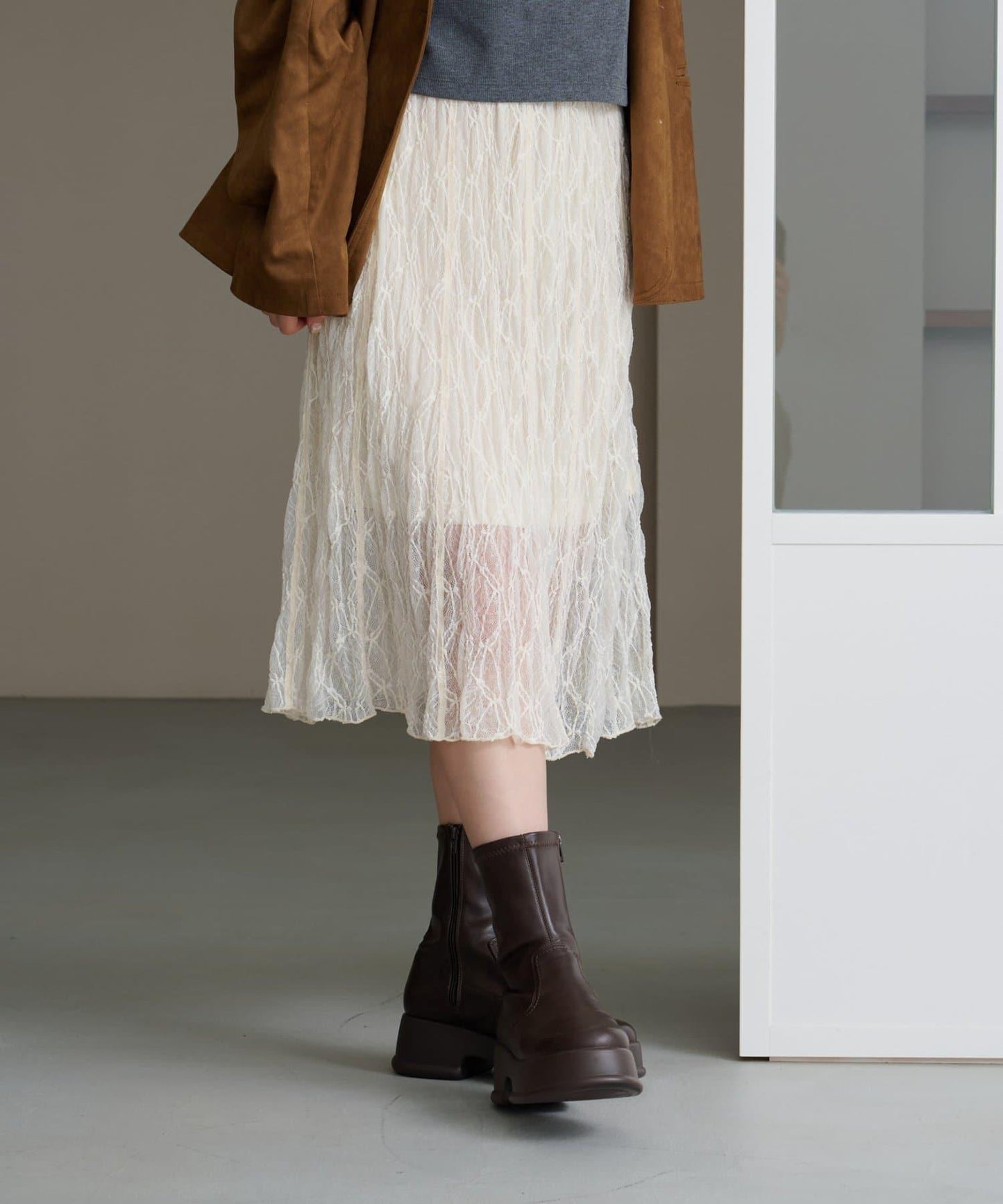 【Kastane】蕾絲透視中長裙