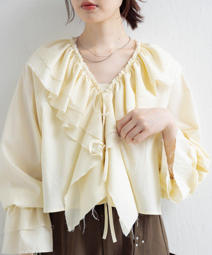 【Kastane】荷葉邊蝴蝶結襯衫