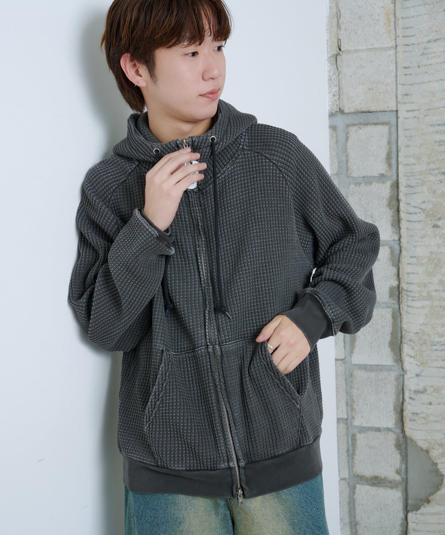 【Kastane】【WHIMSIC】華夫格拉鍊連帽衛衣