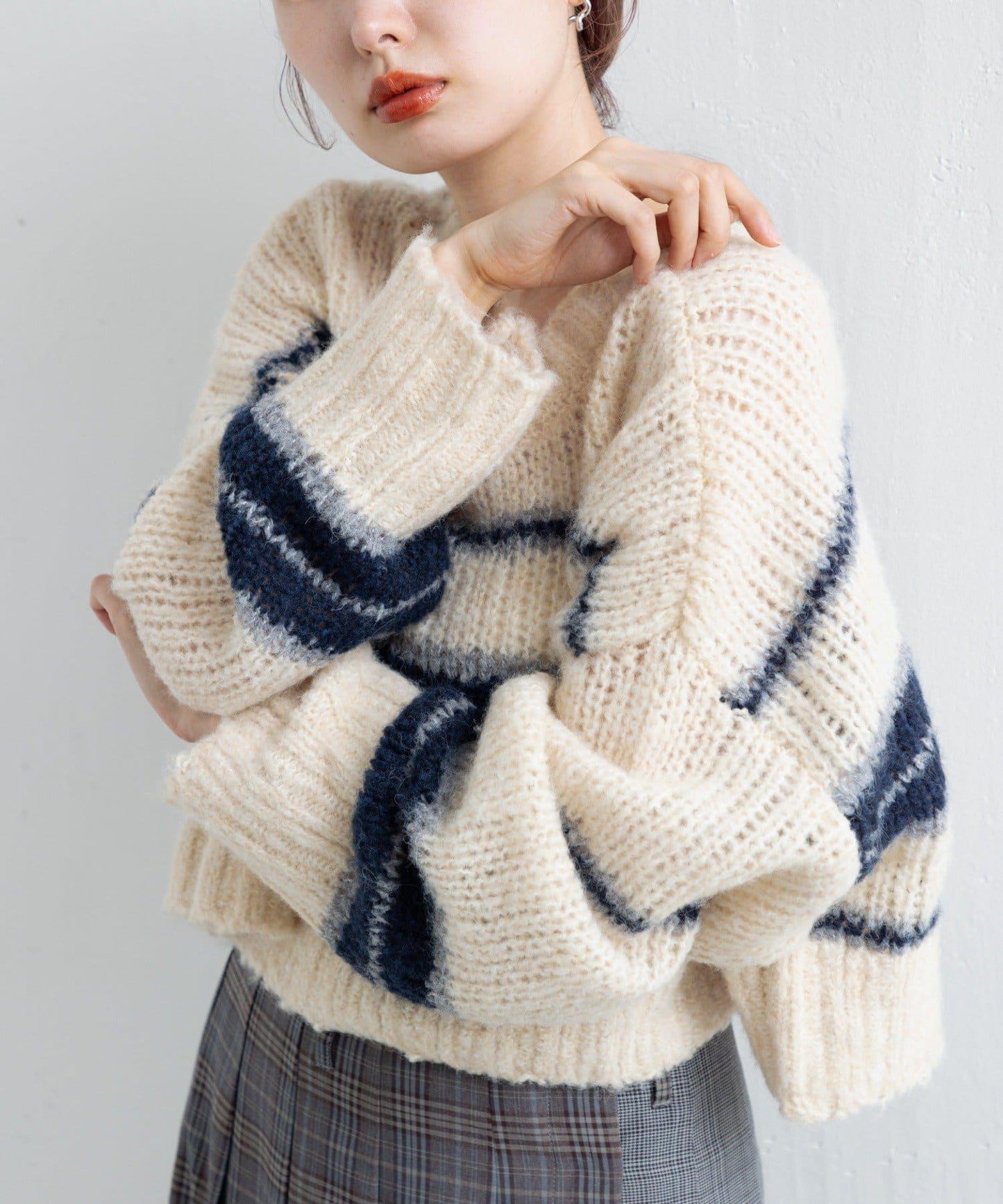 【Kastane】條紋仿馬海毛針織衫