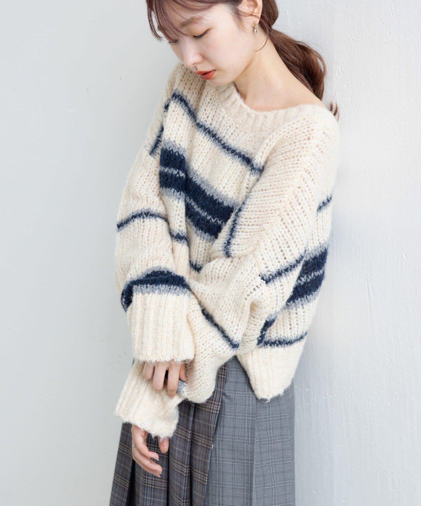 【Kastane】條紋仿馬海毛針織衫