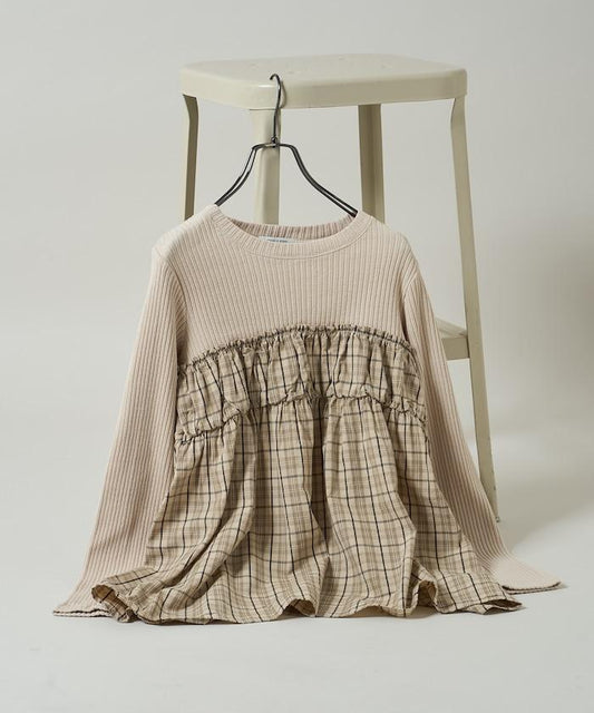 軍風羅紋拼接格紋長袖T恤