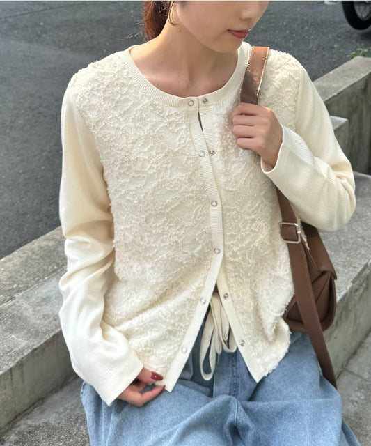 蕾絲拼接羅紋按扣開衫