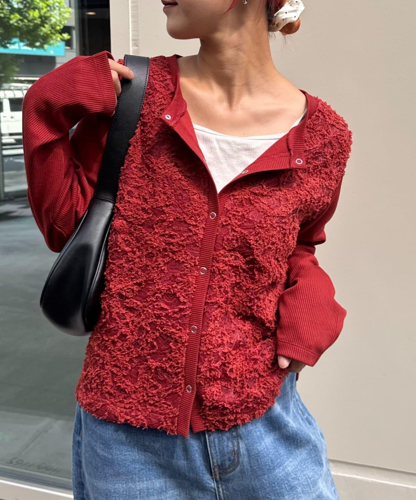 蕾絲拼接羅紋按扣開衫