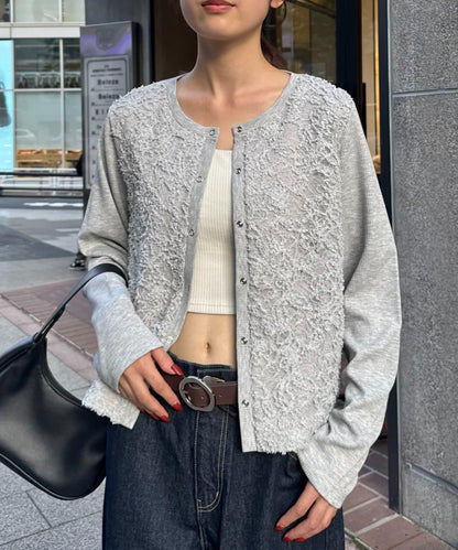 蕾絲拼接羅紋按扣開衫
