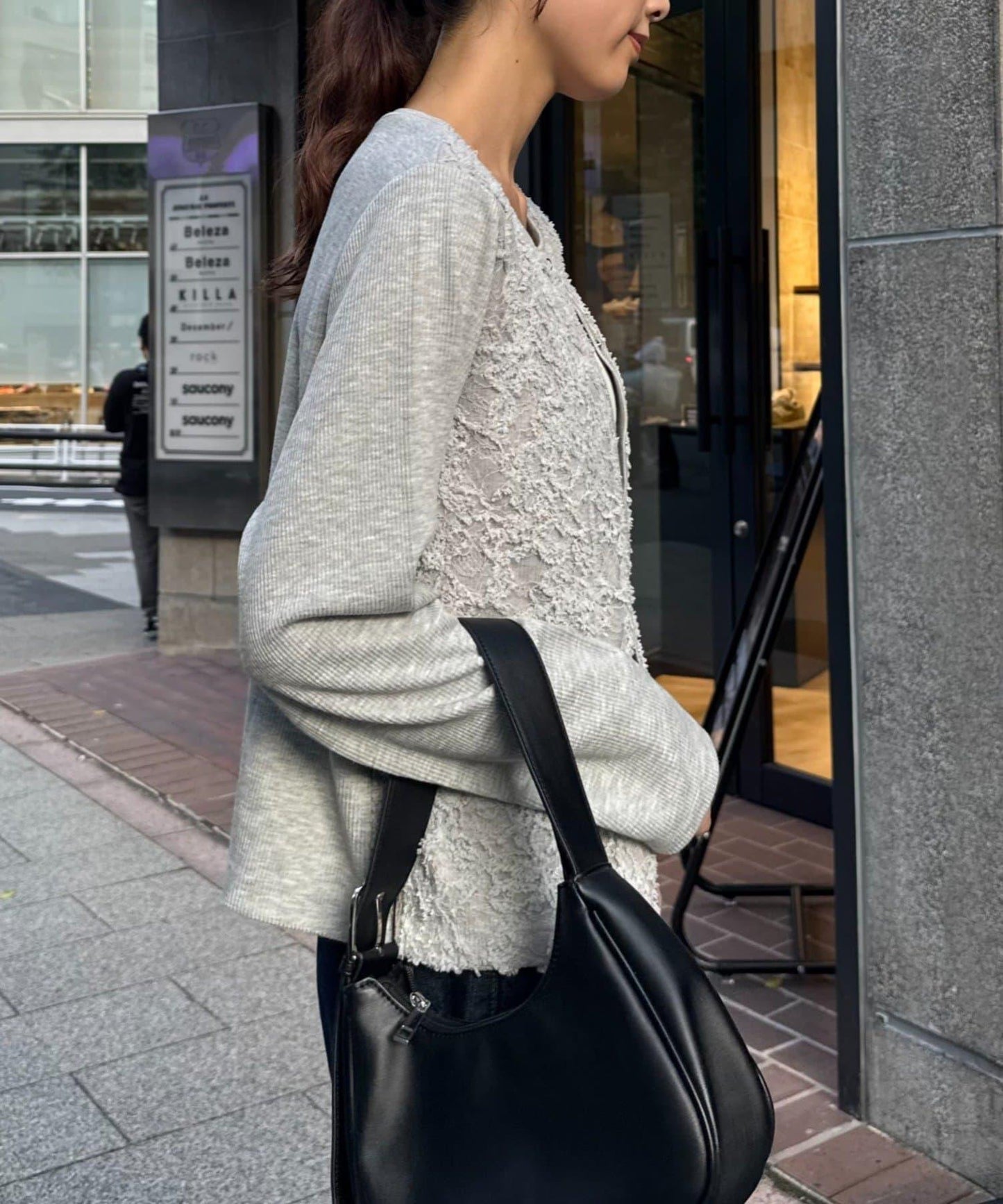 蕾絲拼接羅紋按扣開衫