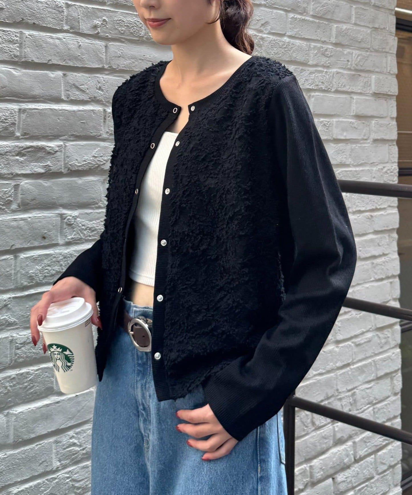蕾絲拼接羅紋按扣開衫