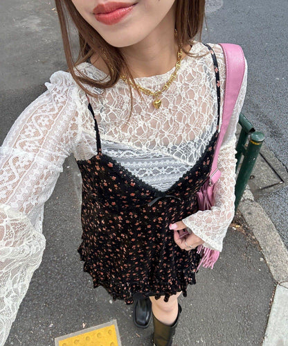 拼色圖案天鵝絨吊帶背心連衣裙〈波點／花卉〉