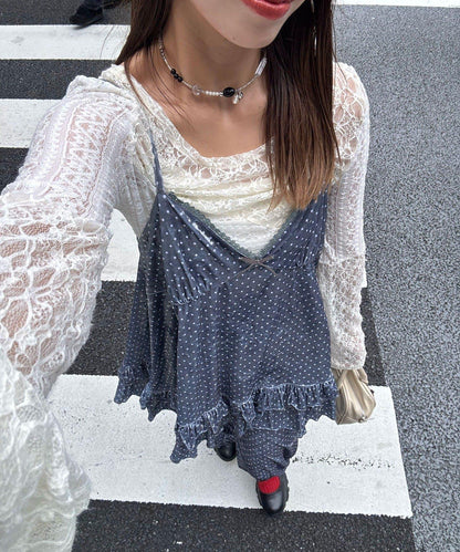 拼色圖案天鵝絨吊帶背心連衣裙〈波點／花卉〉