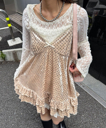 拼色圖案天鵝絨吊帶背心連衣裙〈波點／花卉〉