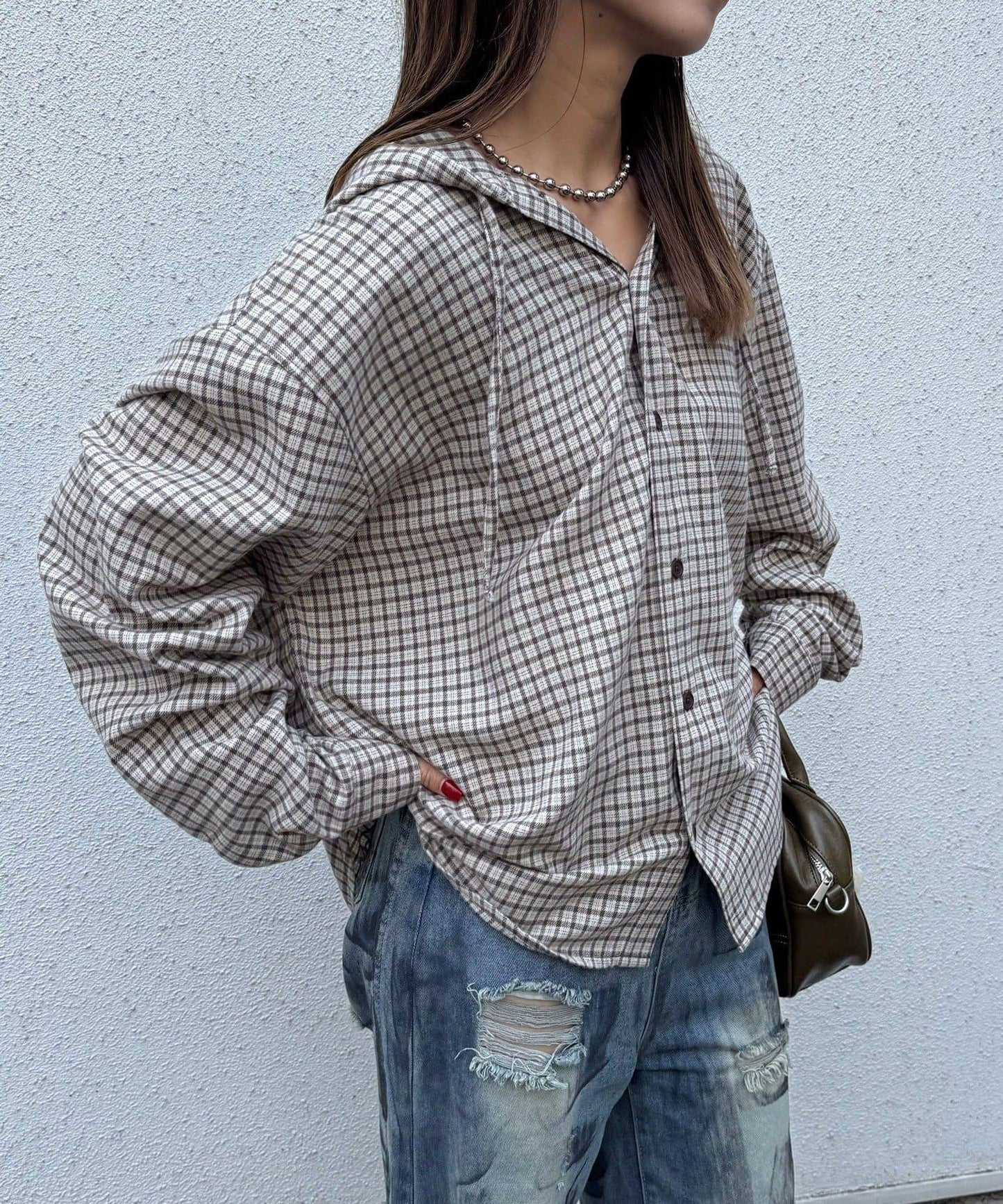 連帽拼色格子襯衫 / 衛衣