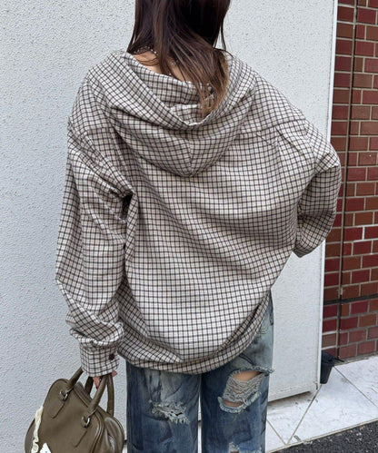 連帽拼色格子襯衫 / 衛衣