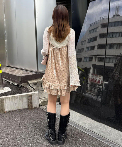 拼色圖案天鵝絨吊帶背心連衣裙〈波點／花卉〉