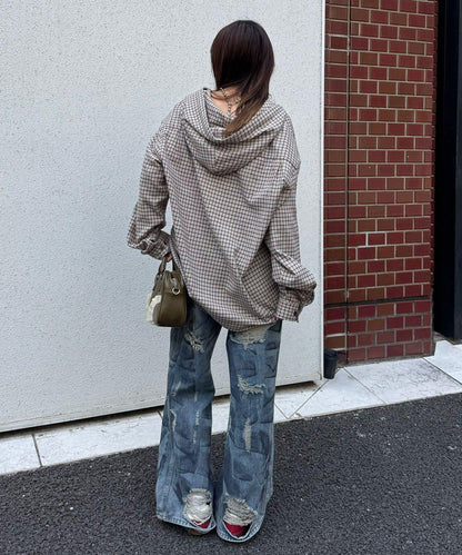 連帽拼色格子襯衫 / 衛衣